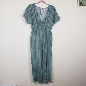 NWT Francesca's jumpsuit green striped wrap front